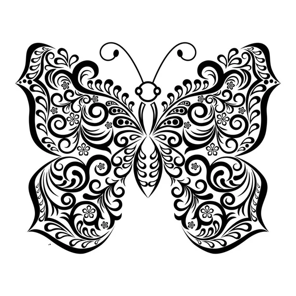Schwarz Weiße Grafiken Dekorativer Schmetterling Auf Weißem Hintergrund Vektorillustration Für — Stockvektor