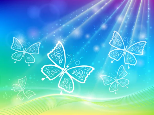 Векторная Иллюстрация Весенний Фон Раскрашенными Кружевными Бабочками Лучах Света Украшенный — стоковый вектор