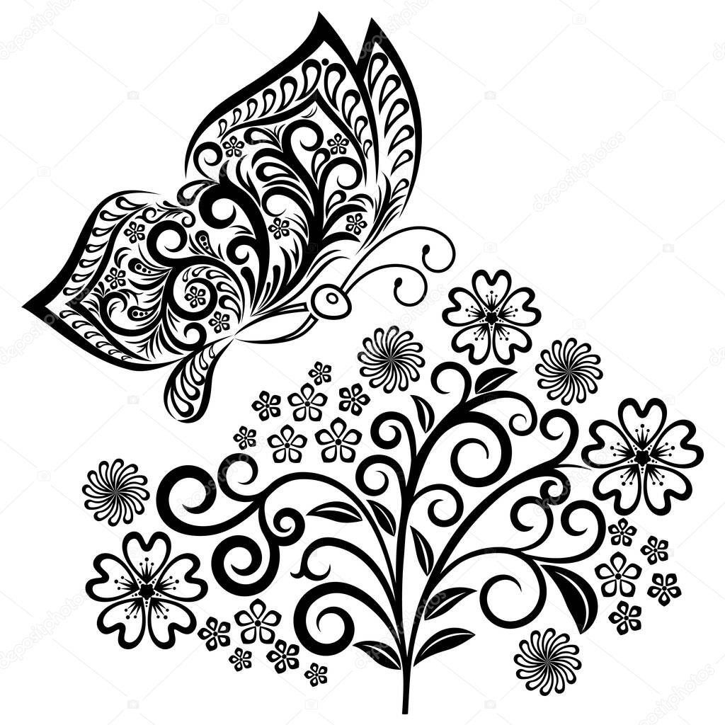 Black and white decorative butterfly with flowers isolated on white background. Vector illustration for your design.