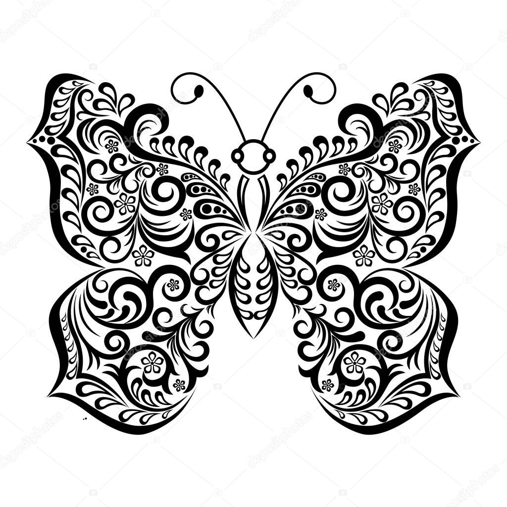 Black and white graphics, decorative butterfly isolated on white background. Vector illustration for a tattoo, invitations, cards, and other goals of the design.