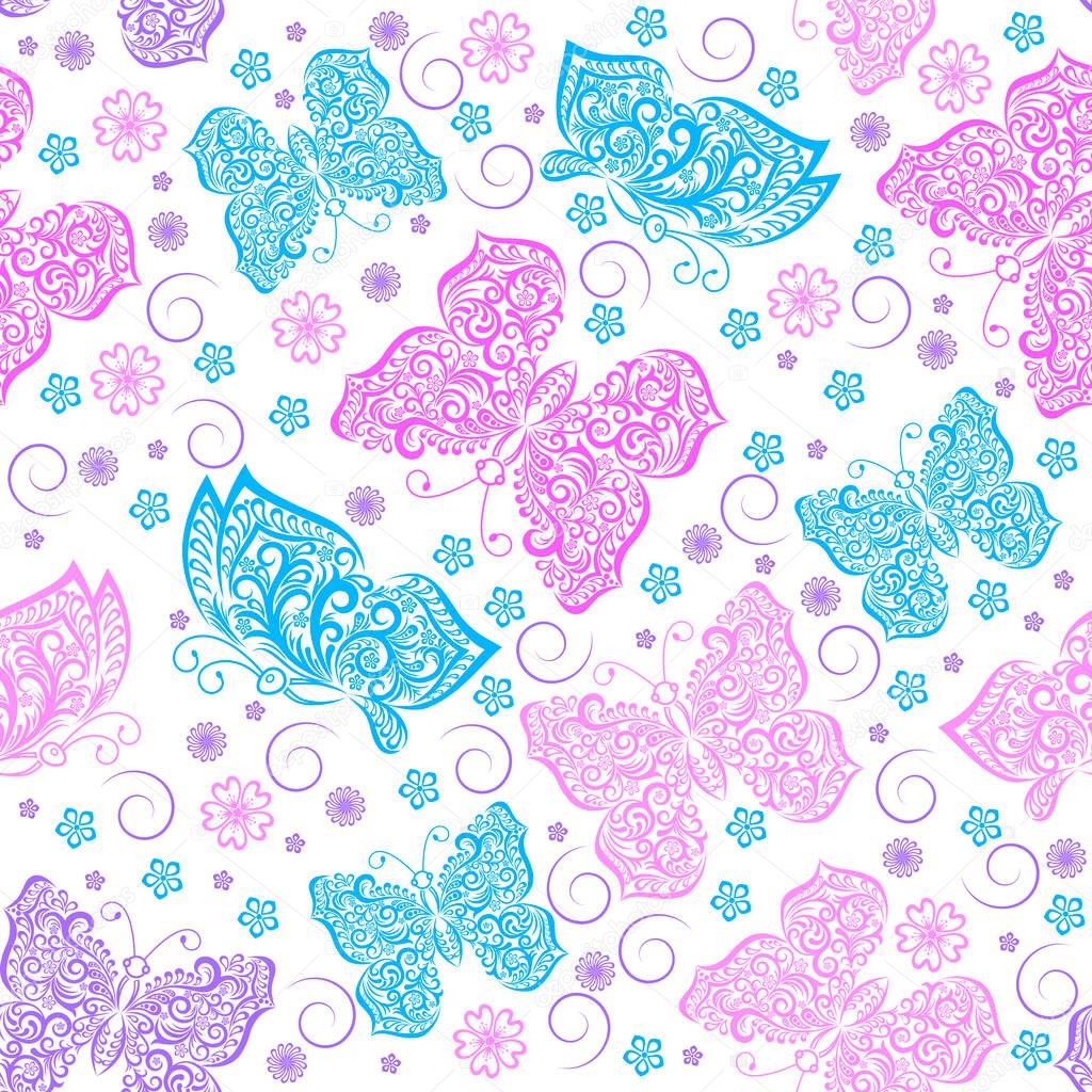 Seamless pattern image of pink and blue openwork butterflies and flowers on white background. Background for textiles; greeting cards; invitation cards; Wallpaper; and other goals of the design. Vector illustration.