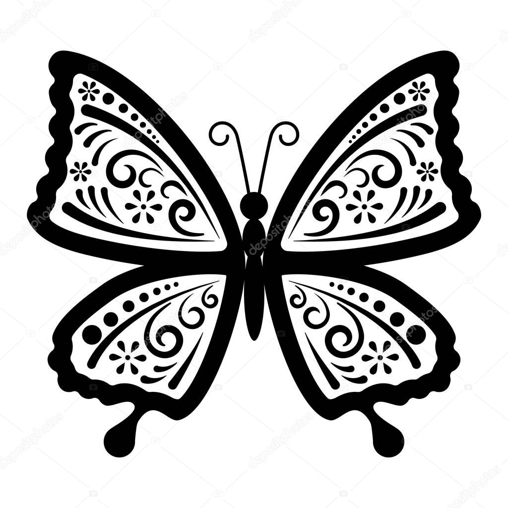 Vector illustration. Black and white silhouette of a decorative butterfly. The symbol of the insect. Stylized butterfly icon, icon, outline.