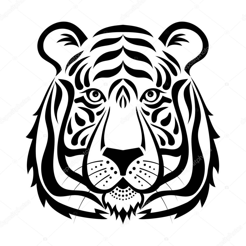 Tiger head on a white background. Abstract tattoo, tiger logo black and white vector illustration. The symbol of 2021 is the tiger. Wildlife predator, beast, tiger, wild cat.