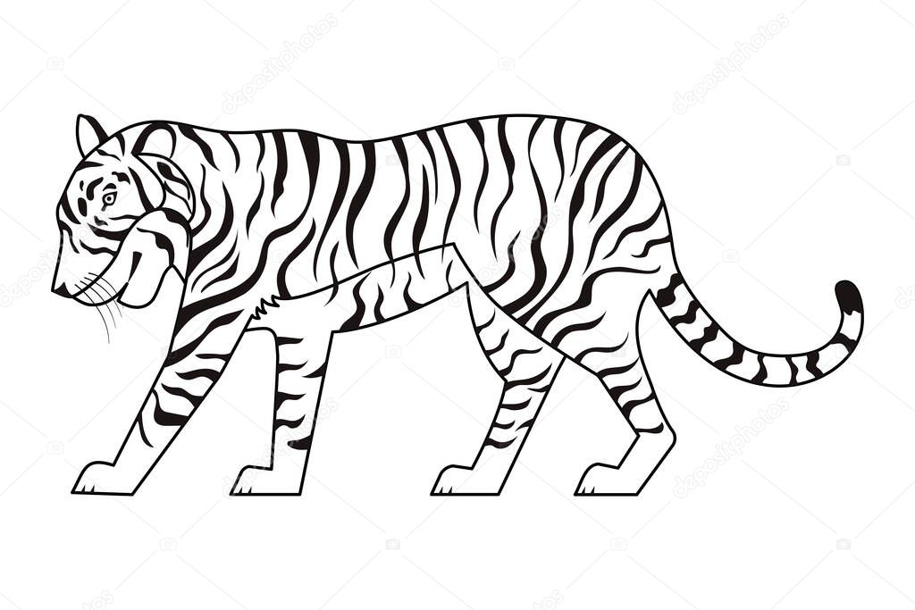 Coloring book tiger. Black and white tiger isolated on white background. Silhouette, logo, tattoo of a tiger.