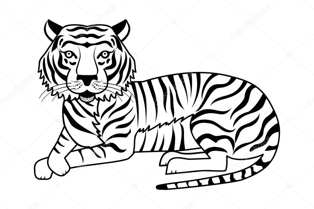 Coloring book tiger. Black and white resting tiger on a white background. Silhouette, logo, tattoo tiger. Lying tiger. 2022 - tiger according to the Eastern calendar.