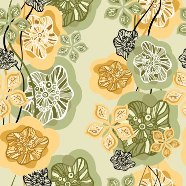 Vektör çizimi. Soyut çiçek ve çizgilerin kusursuz deseni. Çiçek arkaplanı ambalaj kağıdı, tekstil, kartpostallar ve tasarımınız için modern bir tarz..