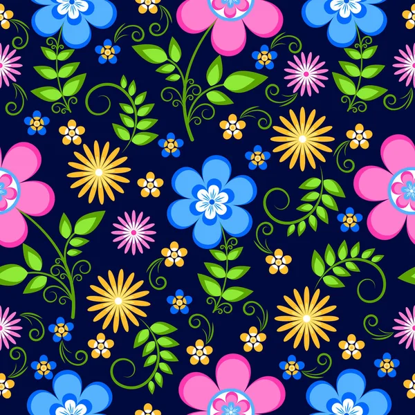 ベクトルのシームレスな花柄 濃い青の背景にピンク 黄色の花で装飾的なパターン 包装紙およびその他のデザイン目的のためのパターン — ストックベクタ