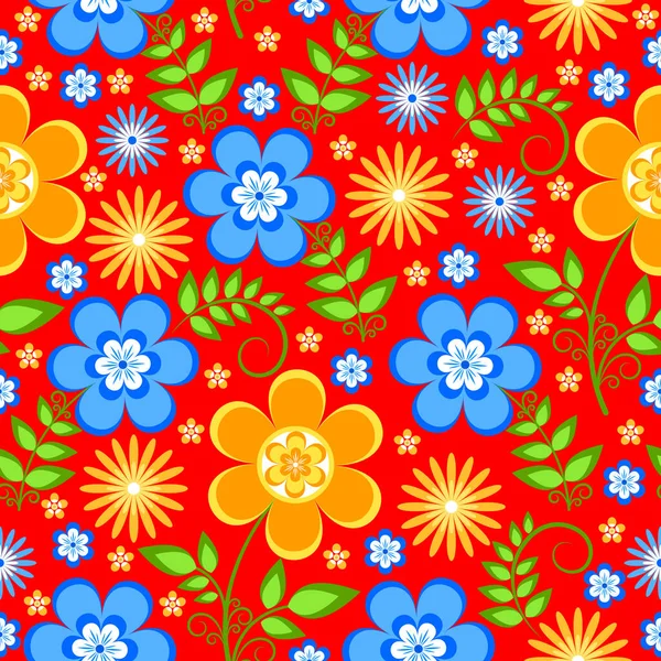 ベクトルのシームレスな花柄 赤の背景に黄色と青の花で装飾的なパターン 包装紙およびその他のデザイン目的のためのパターン — ストックベクタ