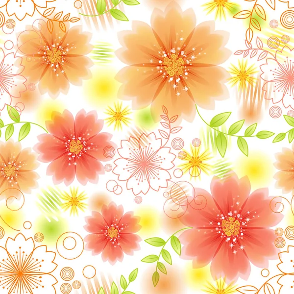 シームレスな花柄ベクトル オレンジと黄色の花とロマンチックな背景 春抽象花 Eps10 — ストックベクタ