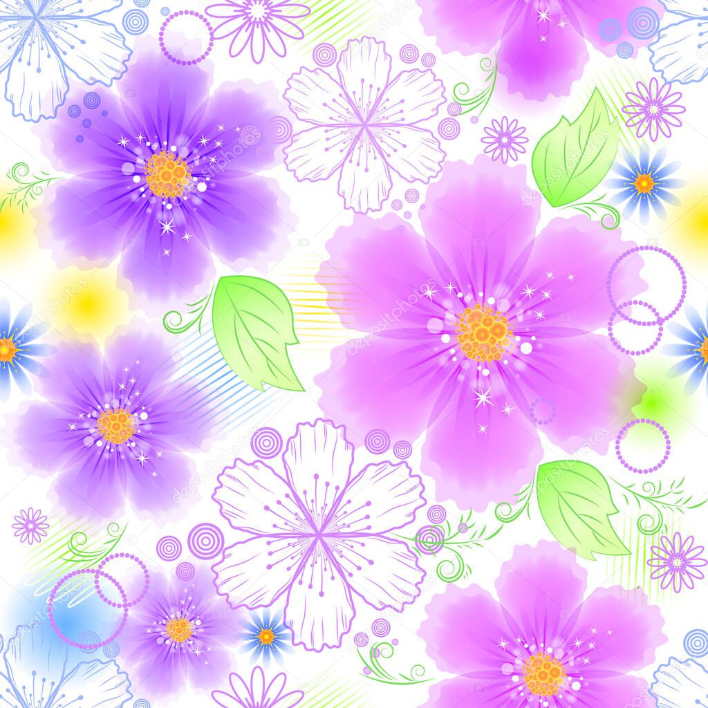 Seamless floral pattern vector. Romantic background with pink and blue, lilac flowers. Spring abstract flowers (eps10).