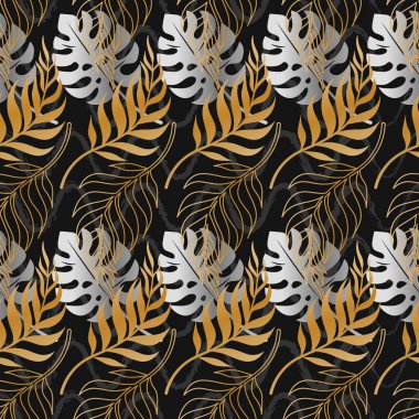 Altınla kusursuz desenler, arka planda gümüş tropikal bitkiler. Kağıt, duvar kağıdı, kapak, kumaş için modern egzotik soyut tasarım. Vektör illüstrasyonu.