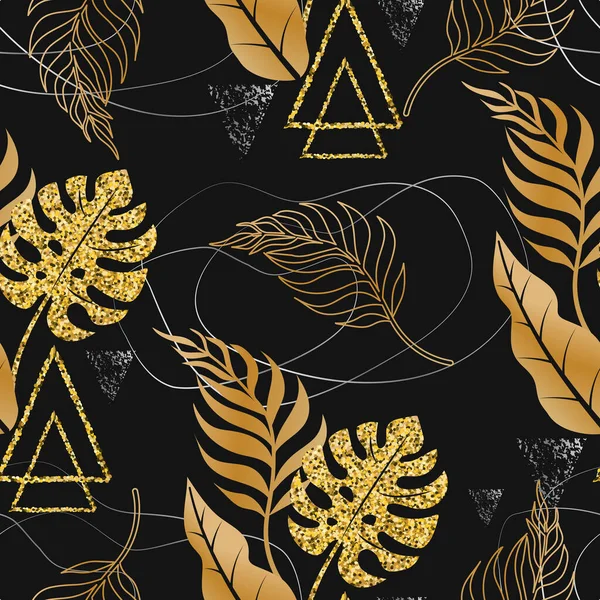 Motif Sans Couture Avec Plantes Tropicales Argentées Triangles Sur Fond — Image vectorielle