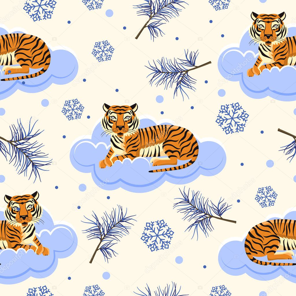 Tiger seamless pattern on a snowy cloud, pine branches, snowflakes. New year 2022 animalistic pattern. Christmas festive template for wrapping paper, cards, textiles. Vector illustration.