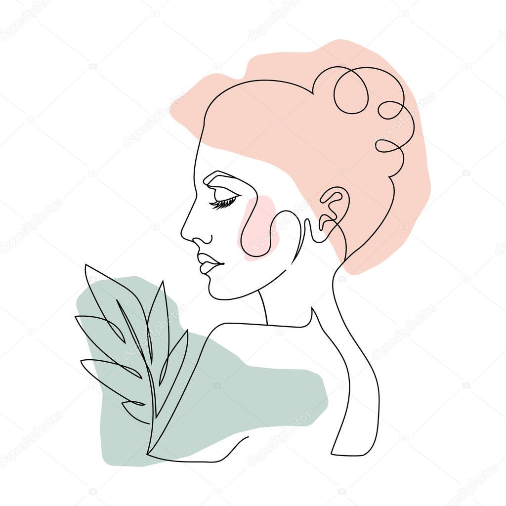 The graceful face of a girl with a flower drawn in one continuous line. One line drawing style. Fashionable vector illustration for cosmetics.