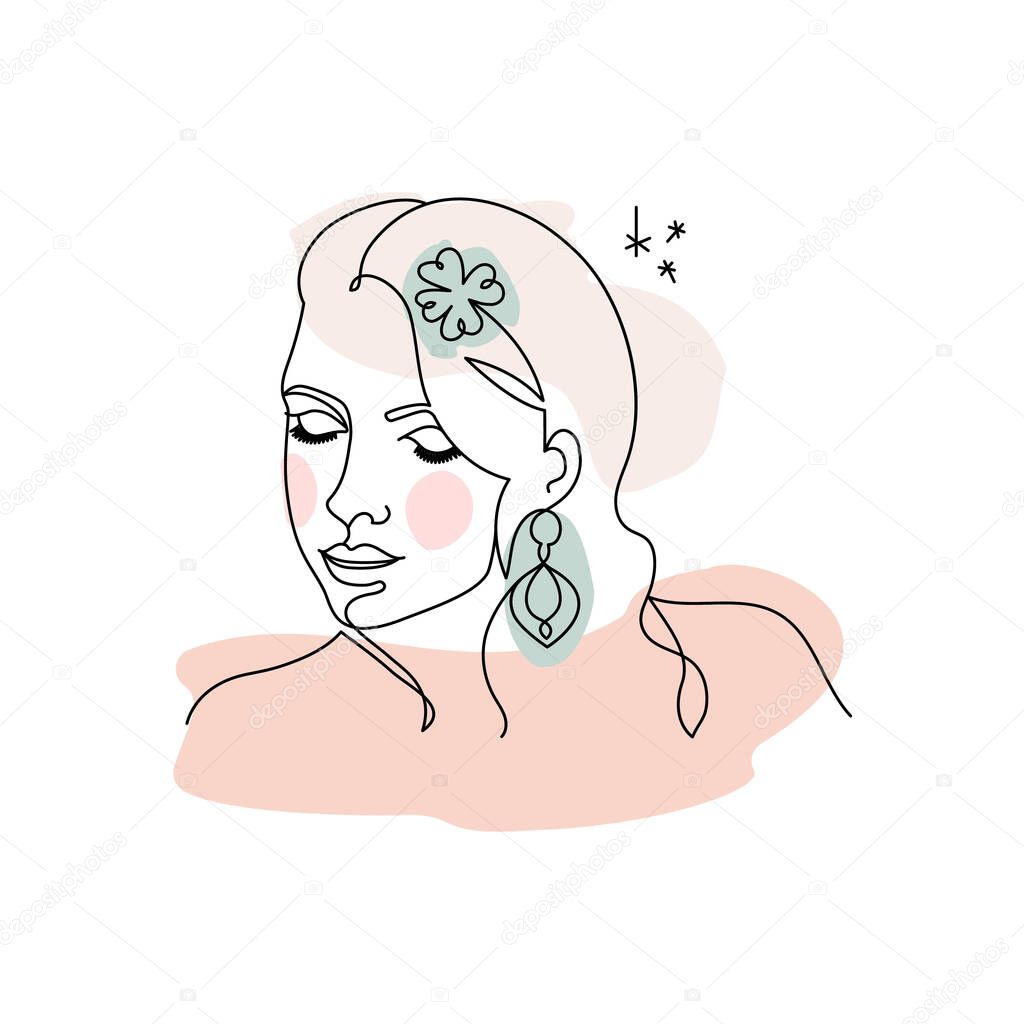 The graceful face of a girl with a flower drawn in one continuous line. One line drawing style. Fashionable vector illustration for cosmetics.