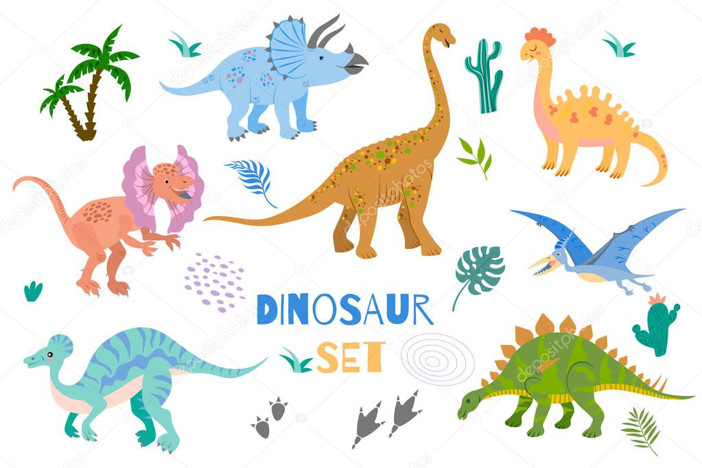 Set of cute flat dinosaurs. Funny prehistoric lizards for kids. Vector illustration isolated on white background.