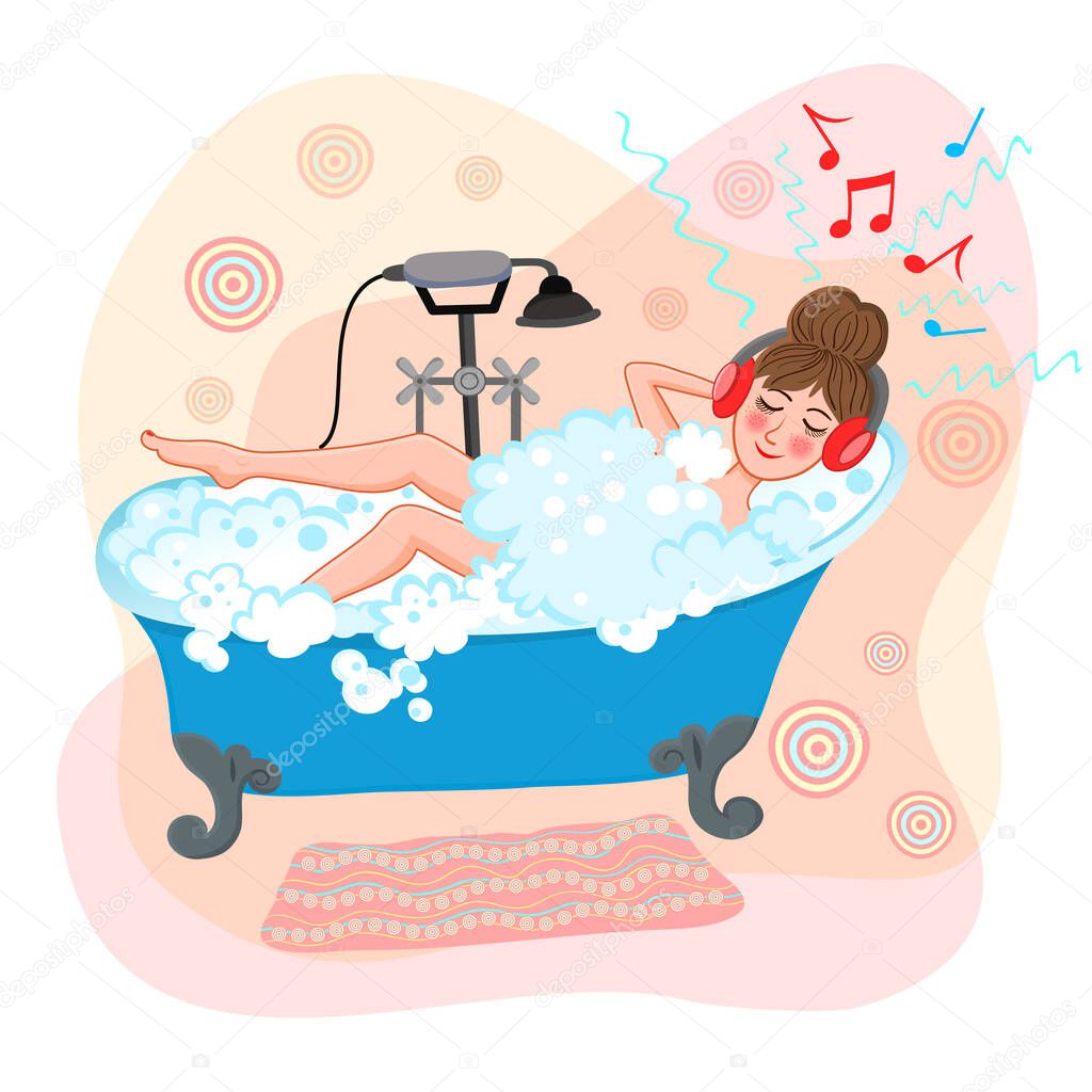 The girl takes a bath and listens to music on headphones. Soap bubbles in the bath with a woman. Relaxing in a spa salon. Vector illustration.
