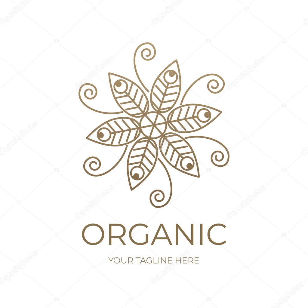 Logo in the form of a flower, natural motives, mandala. Eco-themed template, branding element. Eco emblem, organic, natural green for label, label, packaging, badge or badge of natural food, beverage, cosmetics. Vector illustration.