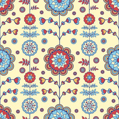 Vektör çizimi. Kusursuz çiçek deseni. Bej arkaplanda renkli çiçekler var..