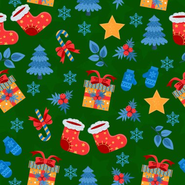 Noel elementleriyle kusursuz bir desen. Şeker, Noel ağacı, hediye, kar tanesi ve yıldızlı şenlik arka planı. Tasarım için yeni yıl şablonu.