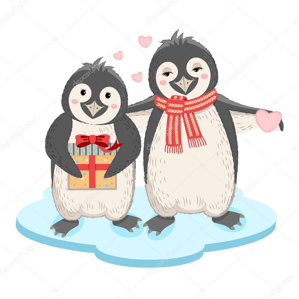 Loving couple of penguins with a gift and a heart. Cute characters in cartoon style. Valentine's Day. Picture for textiles, prints, t-shirts, souvenirs. Vector illustration.