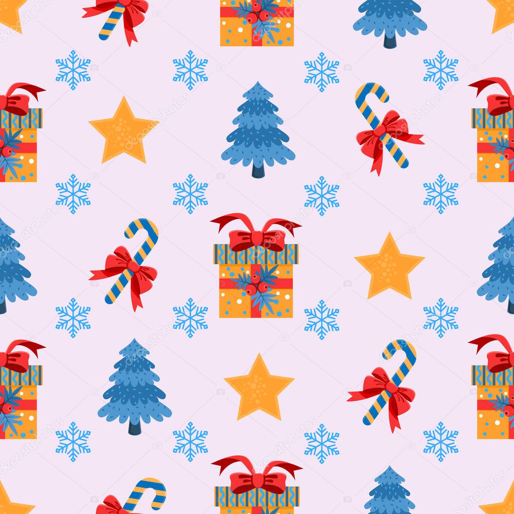 Vector seamless pattern with Christmas elements. Festive background with candy, Christmas tree, gift, snowflake and star. New Year's template for design.
