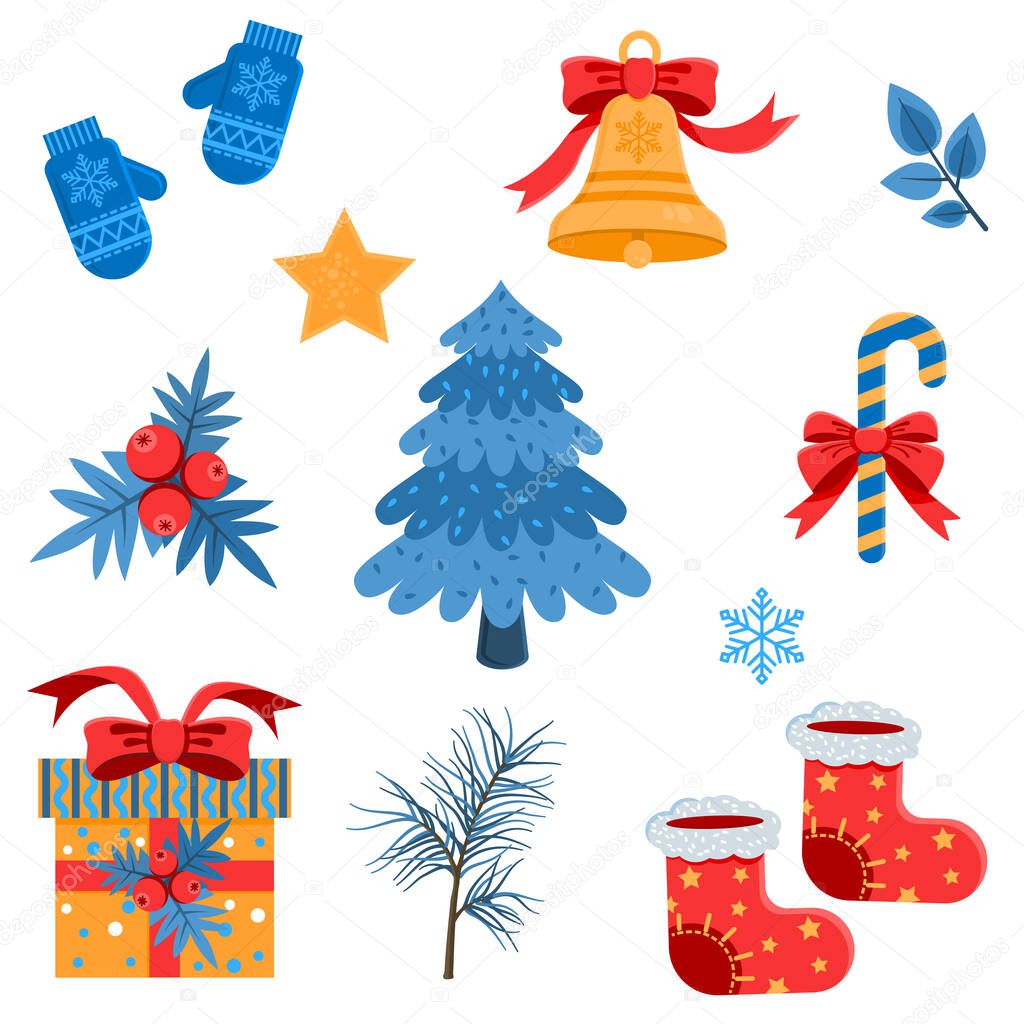 New Year's set of holiday attributes. Christmas tree, gift, bell, holly, mittens, lollipop, star-shaped cookies, snowflake, twig isolated on white background. Vector illustration.