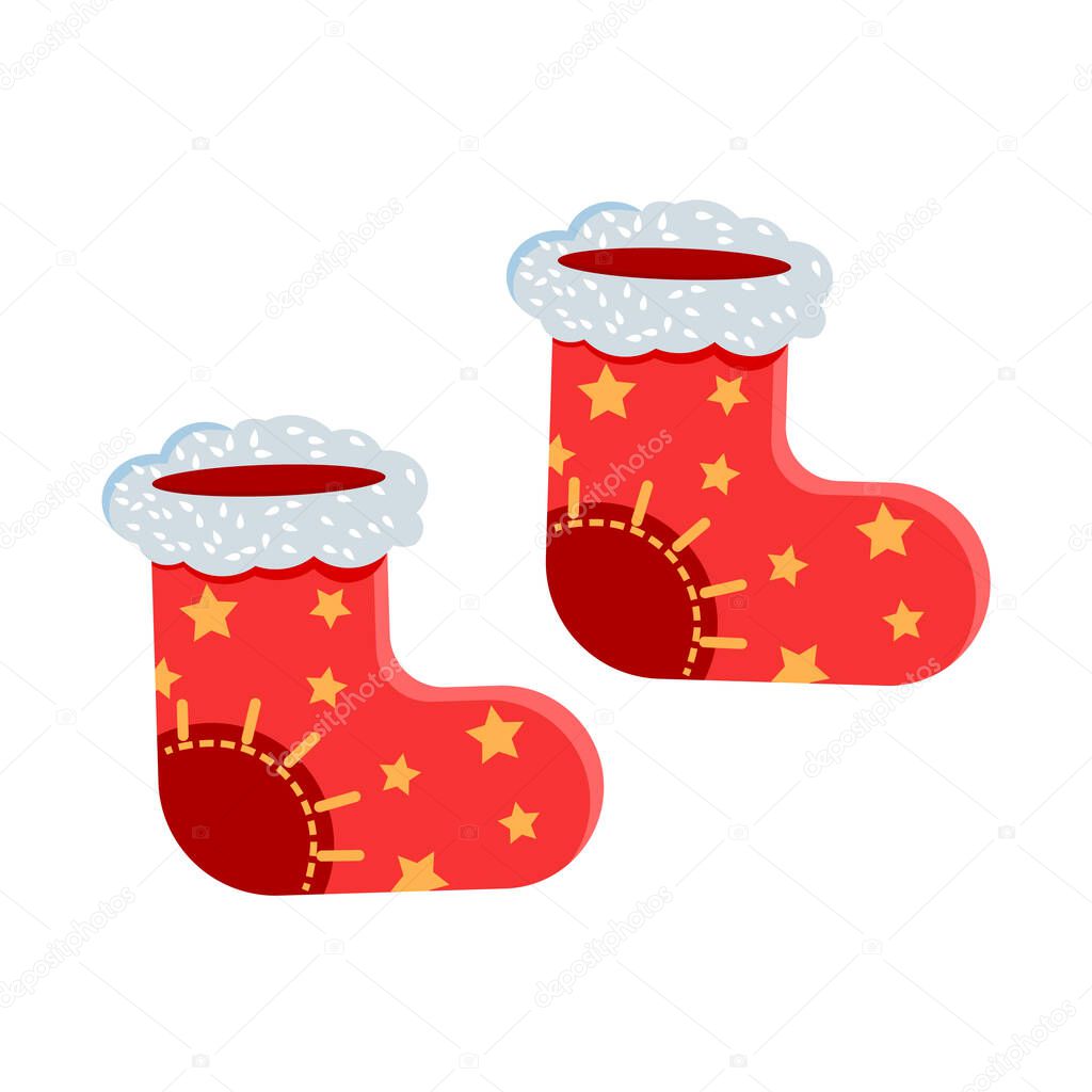 Boots stock illustration. Shoes of Santa Claus with fur. New Year's red boots.