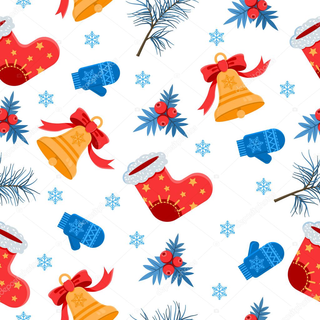 Festive seamless pattern with a set of New Year attributes. Bell, pine branch, boots of Santa Claus, snowflake, holly on a white background. Template for Christmas design. Vector illustration.