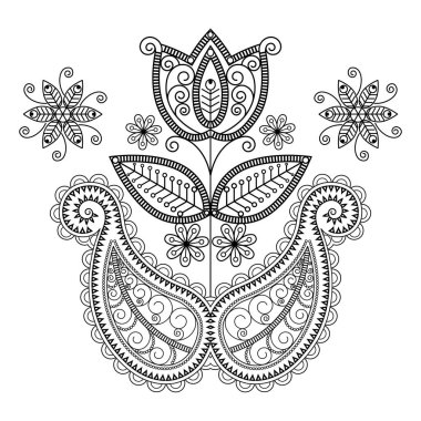 Paisley, Türk salatalığı tarzında siyah beyaz lale çiçeği, ama. Türkçe, doğuya özgü çiçek desenleri, zenkaralamalar, karalama. Geleneksel Hint süsü. Vektör illüstrasyonu.