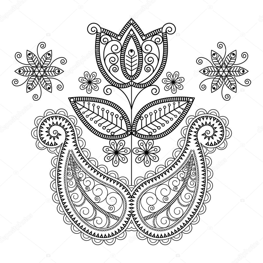 Black and white stylized tulip flower in the style of Paisley, Turkish cucumber, buta. Turkish, oriental floral pattern coloring, zentangle, doodle. Indian traditional ornament. Vector illustration.