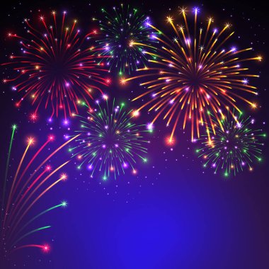 Mor arka planda renkli havai fişekler. Sevgililer günün, düğünün, yıldönümün kutlu olsun. Metinleriniz, tebrik kartlarınız, davetiyeleriniz ve daha fazlası için arkaplan.