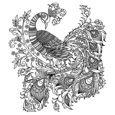 Vektör çizimi. Siyah beyaz grafikler. Etnik olarak dekoratif kuş, Slav tarzı. Totem, dövme. Efsanevi kuş, Phoenix, çizimler, tasarım ve baskı için ısı kuşu.