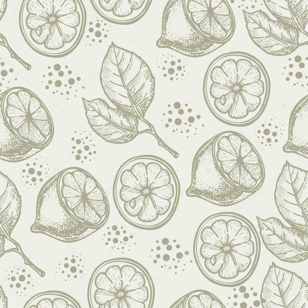 Seamless vector pattern lemons and leaves, slices in pastel colors. Beige citrus background in doodle style. Fresh tropical fruit sketch, healthy food. Plant repeating template.