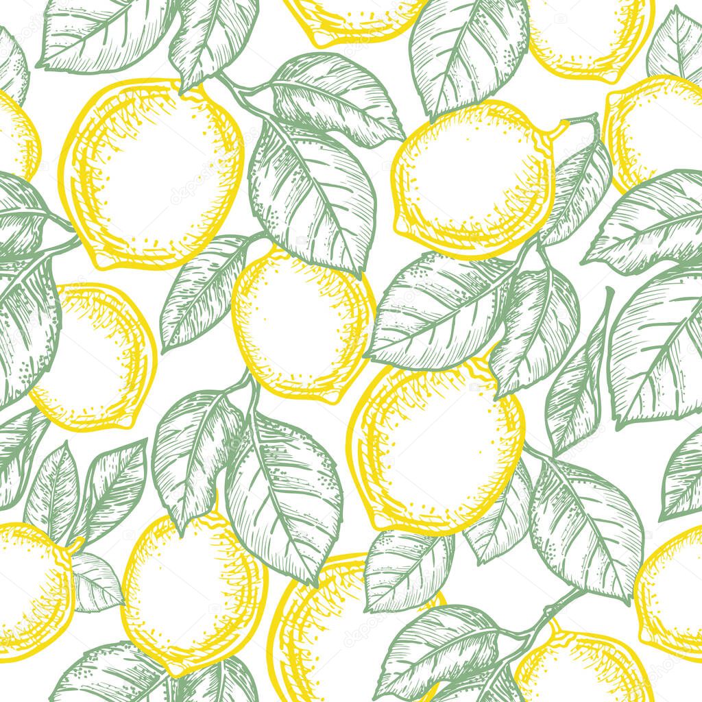 Seamless vector pattern of branches with leaves and fruits of yellow lemons. Modern background from sketches of citrus fruits. Vegetable repeating doodle. Vegetarian food graphic drawing.