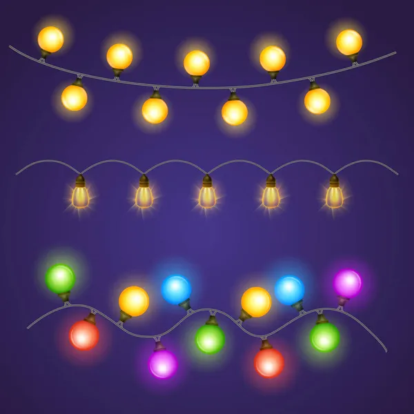 Ensemble Guirlandes Lumineuses Noël Ampoules Sur Fond Bleu Illumination Décoration — Image vectorielle