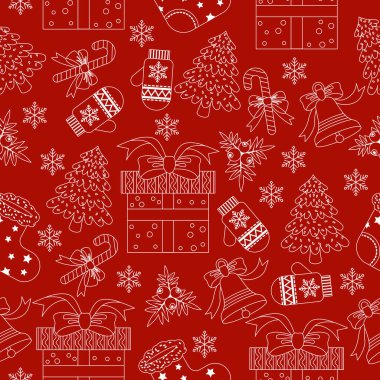 Noel elementleriyle kusursuz bir desen. Tatlı, Noel ağacı, hediye, kar tanesi ve çan ile şenlikli bir arka plan. Tasarım için yeni yıl şablonu.