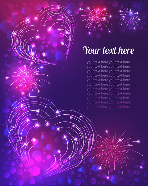 Красочные фейерверки сердец на фиолетовом фоне в векторе. С Днем Святого Валентина, свадьбой, годовщиной. Предпосылки для текста, поздравительных открыток, приглашений и многое другое.