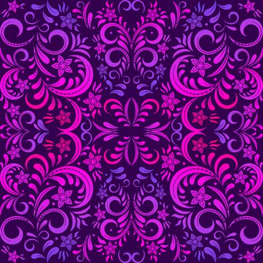 Vektör içinde çiçek elementleri olan soyut, pürüzsüz desen. Dekoratif parlak desenli, çiçekli ve koyu mor arka planda girdaplı. Çeşitli çerçeve vintage arkaplanı.