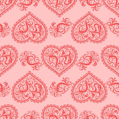 Pembe bir arka planda açık iş kalplerine sahip kusursuz desen. Sevgililer günü, düğün, doğum günü. Kutlama ambalajı, tekstil, moda.