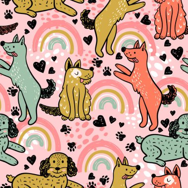 Arka planda gökkuşağı ve kalpler vektör içinde komik köpekler olan kusursuz bir desen. İskandinav tarzında sevimli köpekli bir arka plan. Çocuk kıyafetleri, kumaş, ambalaj kağıdı şablonu