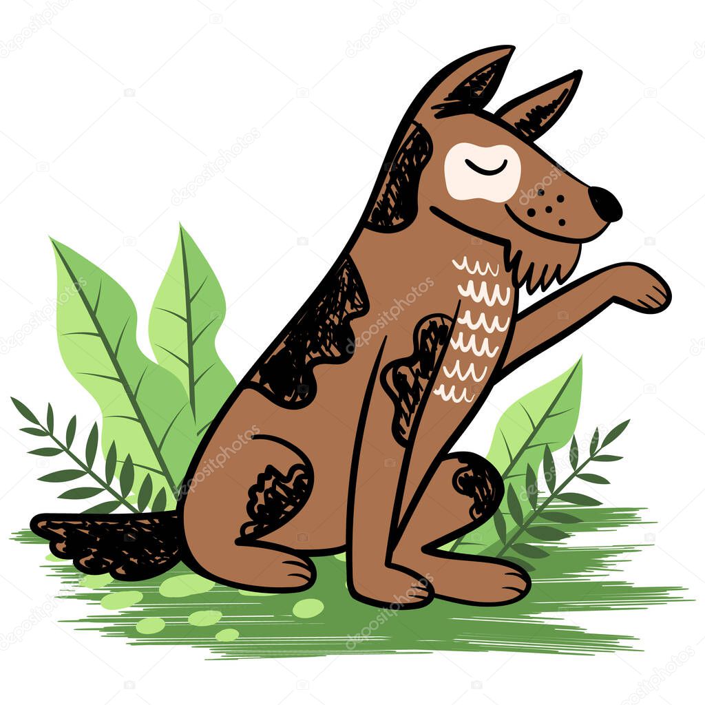 Cartoon cute dog in nature in doodle style. Happy puppy on vacation. Funny favorite pet. Sketch of a cheerful dog for prints, children's clothing, postcards. Vector illustration.