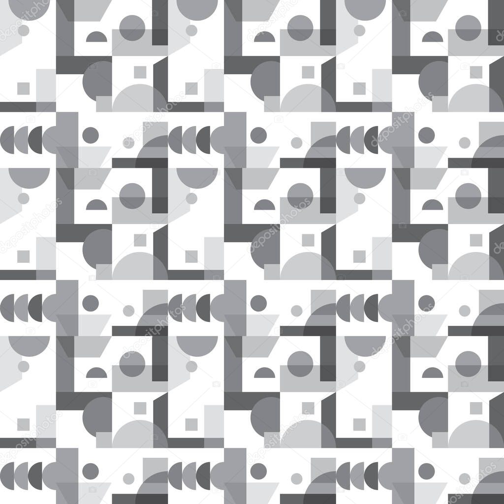 Seamless geometric pattern in Bauhaus style in color gamut of grayscale. Modern abstract background with simple shapes. Vector illustration.