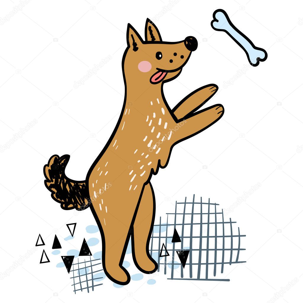Cartoon cute doggy with bone in doodle style is jumping. Happy puppy. Funny favorite pet. Sketch of a cheerful dog for prints, children's clothing, cards, t-shirts. Vector illustration.
