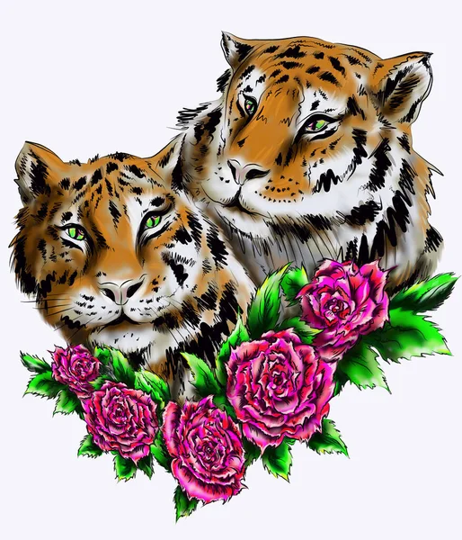 Tiger Und Blumen Liebe Tiger Valentinstag Digitale Malerei — Stockfoto