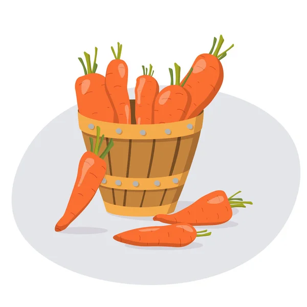 Holzfass mit leuchtend orangen Karotten. Öko-Lebensmittel — Stockvektor