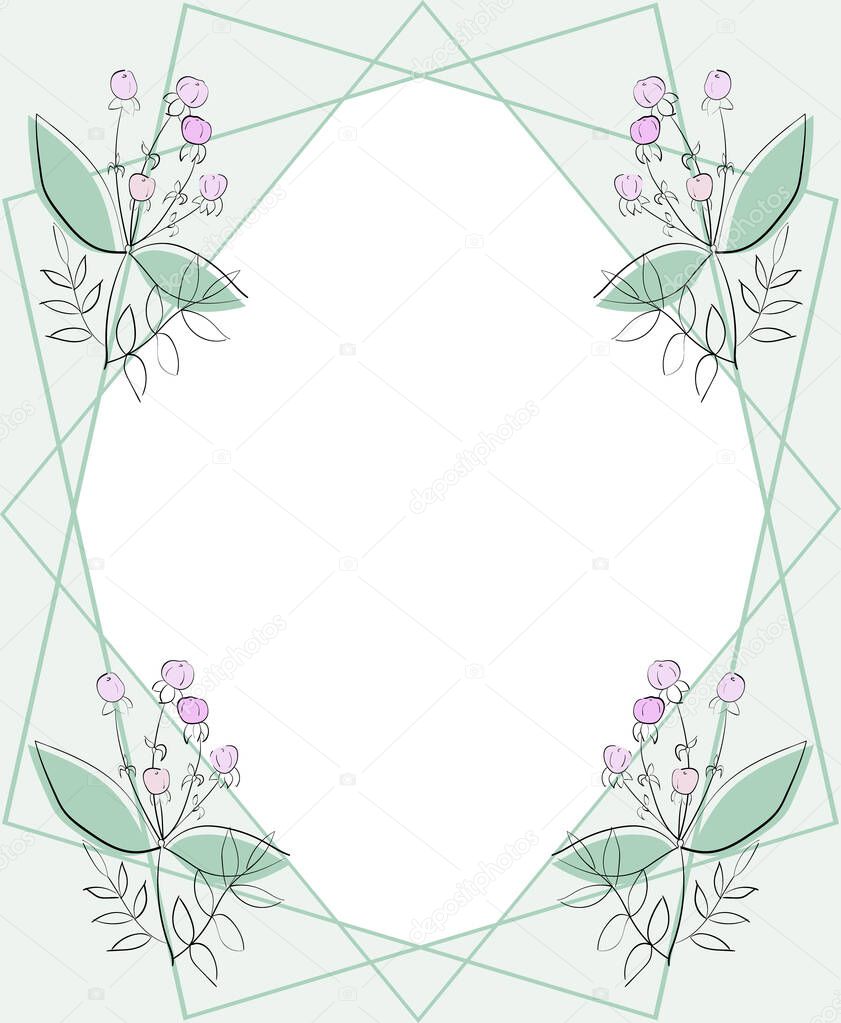 Design template for greeting card or banner with flowers. Vector illustration, geometric and vegetative composition.