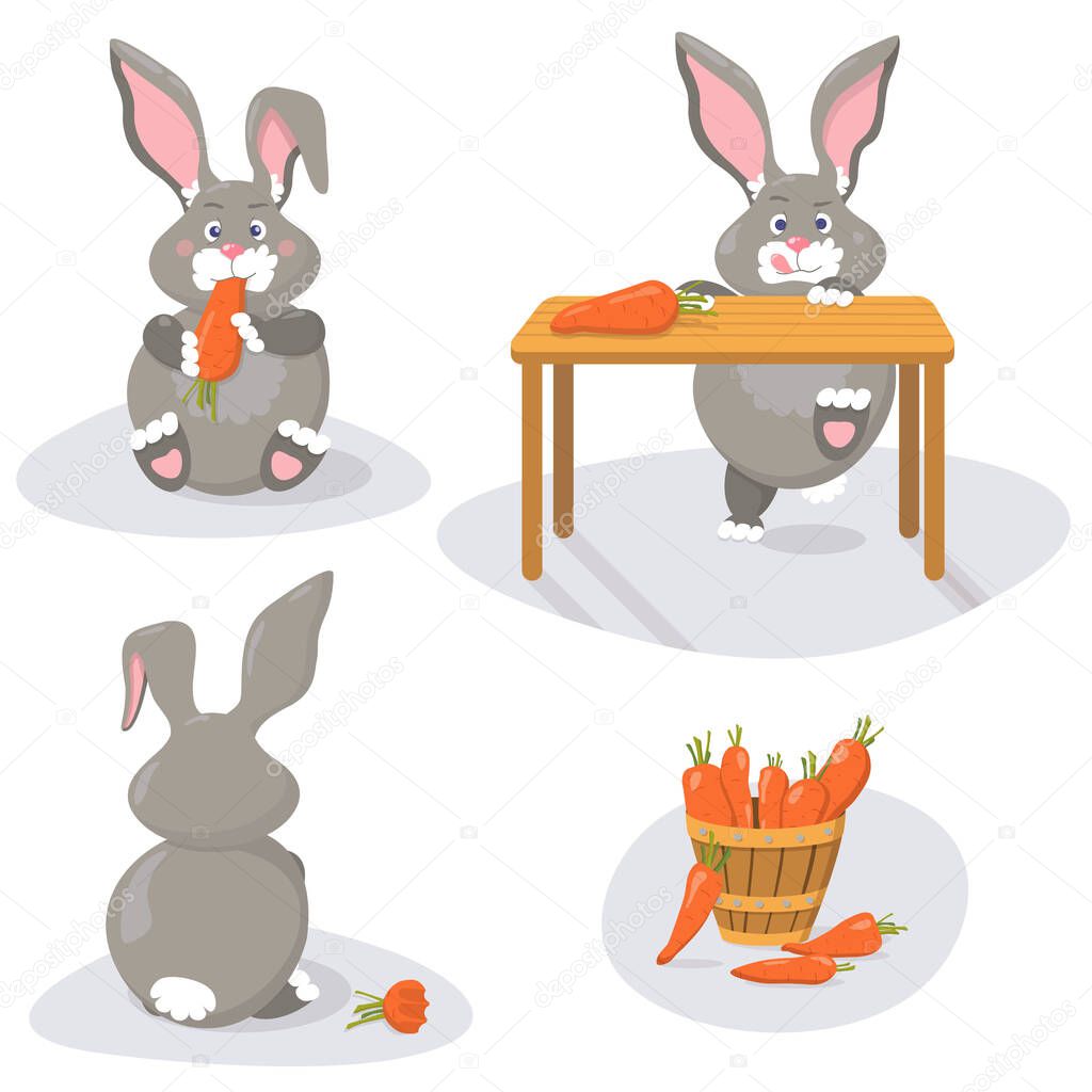 Seths short story of a gray rabbit eating juicy orange carrots, childrens illustration.