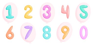 Bebek hava numarası 0-9. Vektör illüstrasyonu, yazıtlar için çok renkli parlak sayılar kümesi.