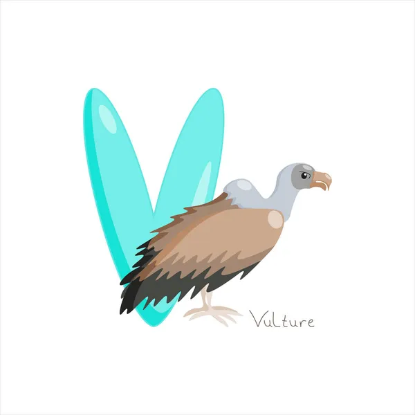 Lettre V. Alphabet des enfants, vautour mignon. Illustration vectorielle pour apprendre l'anglais. — Image vectorielle